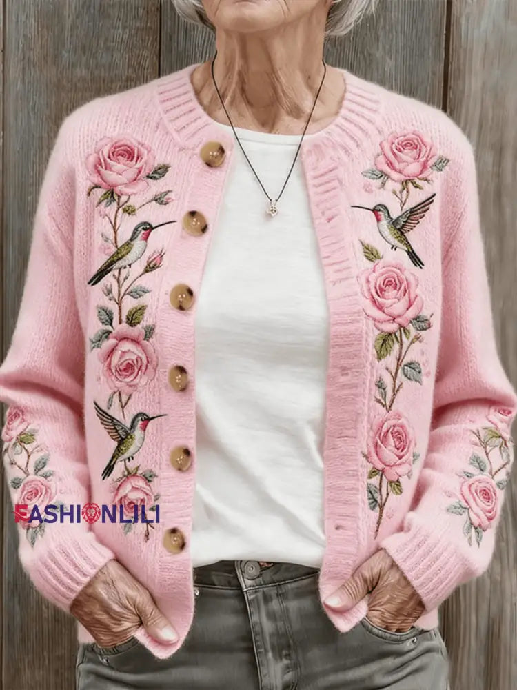 Women’s Autumn And Winter Pink Hummingbird Floral Comfortable Warm Sweater Cardigan Pink / S