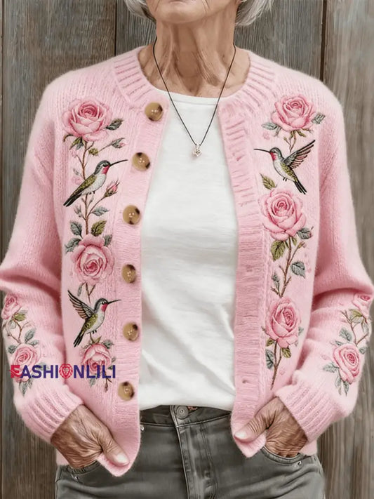 Women’s Autumn And Winter Pink Hummingbird Floral Comfortable Warm Sweater Cardigan Pink / S