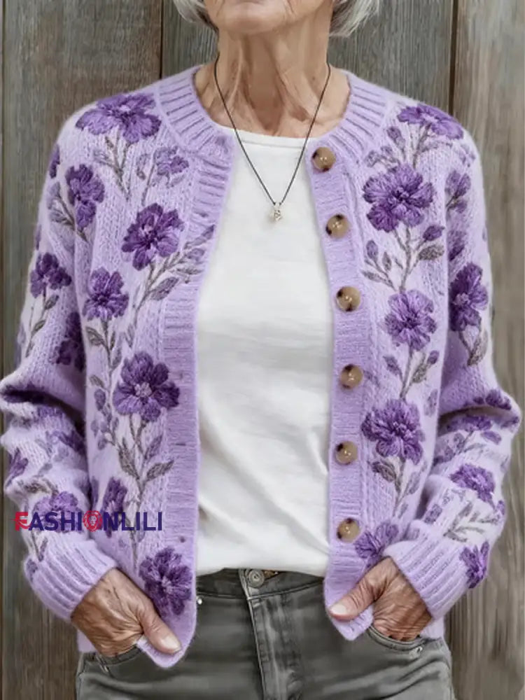 Women’s Autumn and Winter Purple Floral Comfortable Warm Sweater Cardigan Purple / S