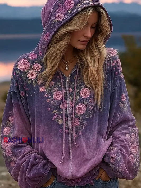 Women’s Autumn Vintage Purple Floral Print Crew Neck Sweatshirt Purple / S