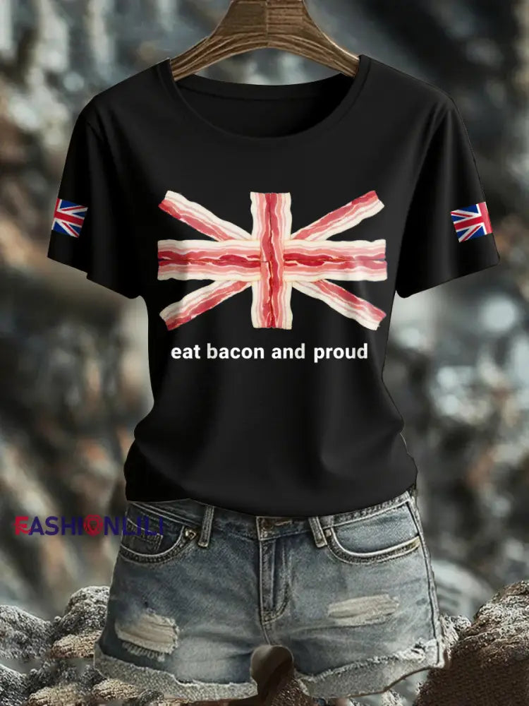 Women’s Bacon UK Flag Printed T Shirt Black / S