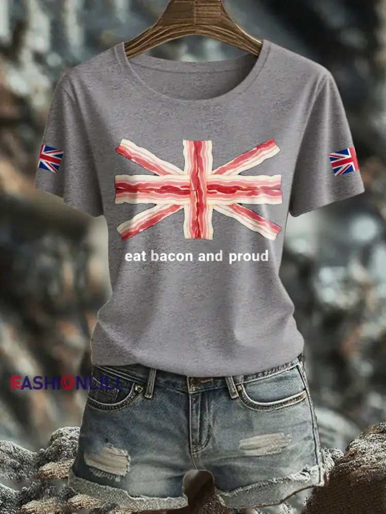 Women’s Bacon UK Flag Printed T Shirt Light Gray / S