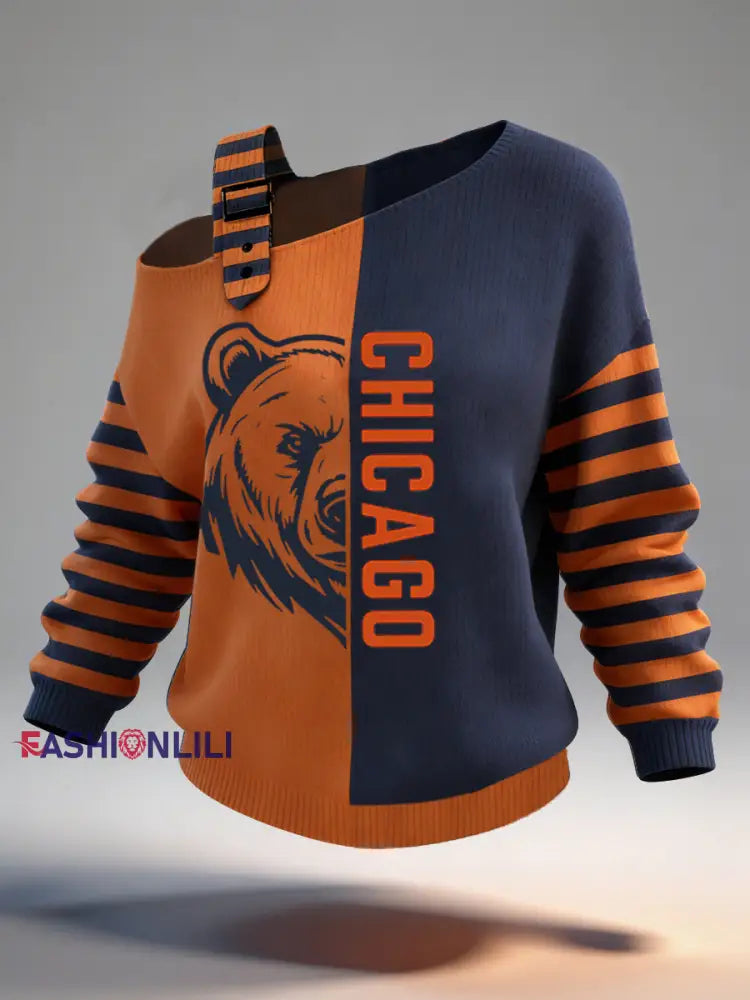 Women’s Bear Print Football Fans Gameday Casual Off-Shoulder Top