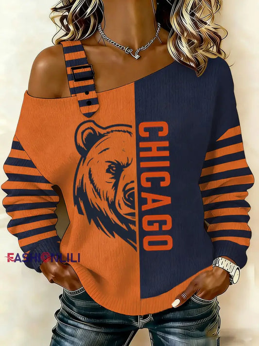 Women’s Bear Print Football Fans Gameday Casual Off-Shoulder Top Orange / S