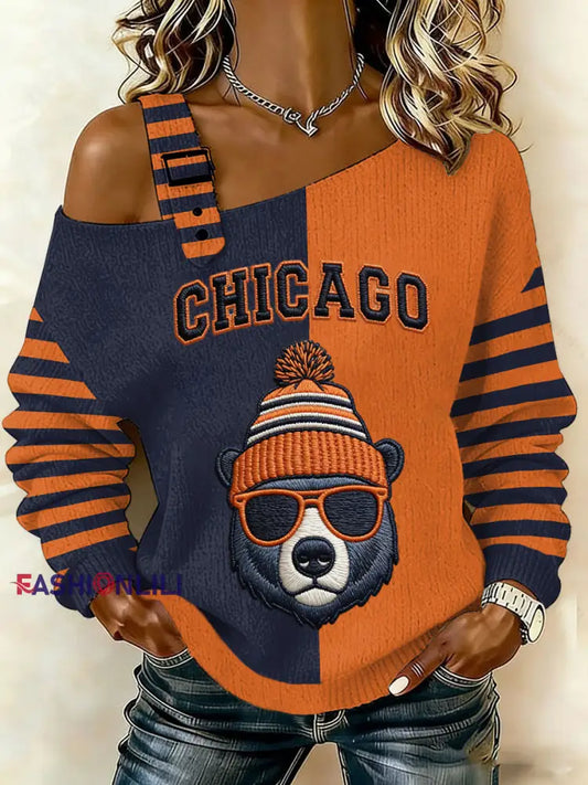 Women’s Bear Print Football Fans Gameday Casual Off-Shoulder Top Orange / S