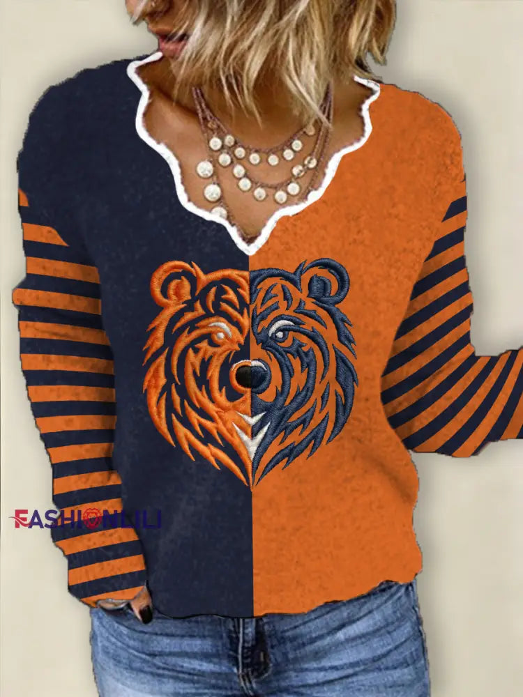 Women’s Bear Print Football Fans Gameday Casual V-Neck Top Orange / S