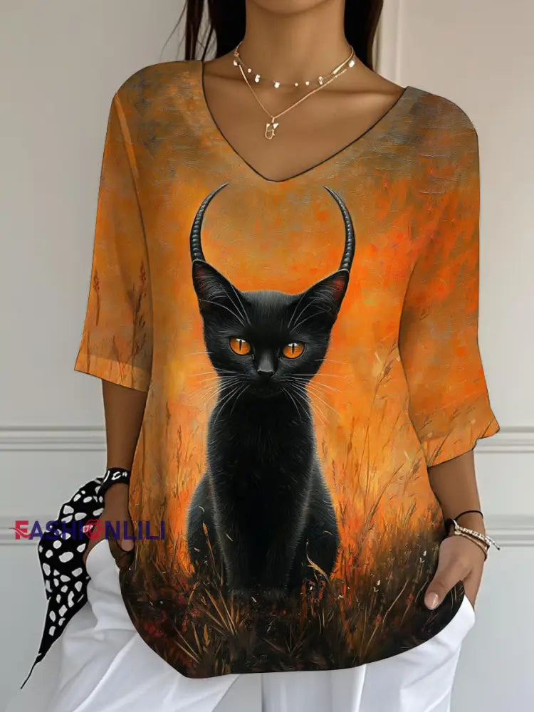 Women’s Black Cat Print Casual Half-Sleeve Top