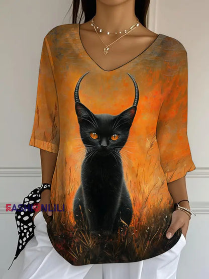 Women’s Black Cat Print Casual Half-Sleeve Top