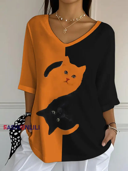 Women’s Black Cat Print Casual Half-Sleeve Top