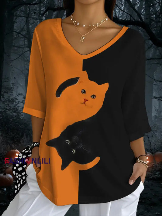 Women’s Black Cat Print Casual Half-Sleeve Top Pumpkin Orange / S