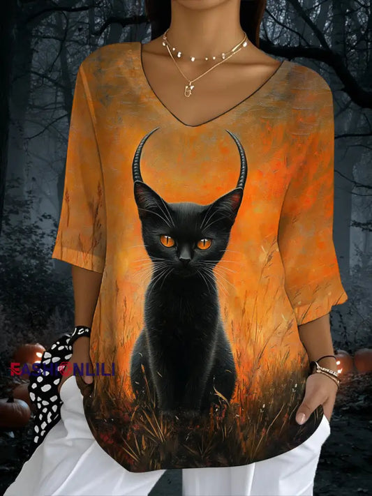Women’s Black Cat Print Casual Half-Sleeve Top Pumpkin Orange / S