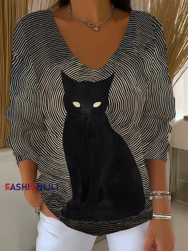 Women’s Black Cat Print Casual Top Black / S