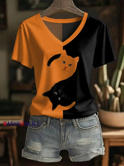 Women’s Black Cat Print Casual V-Neck Tee
