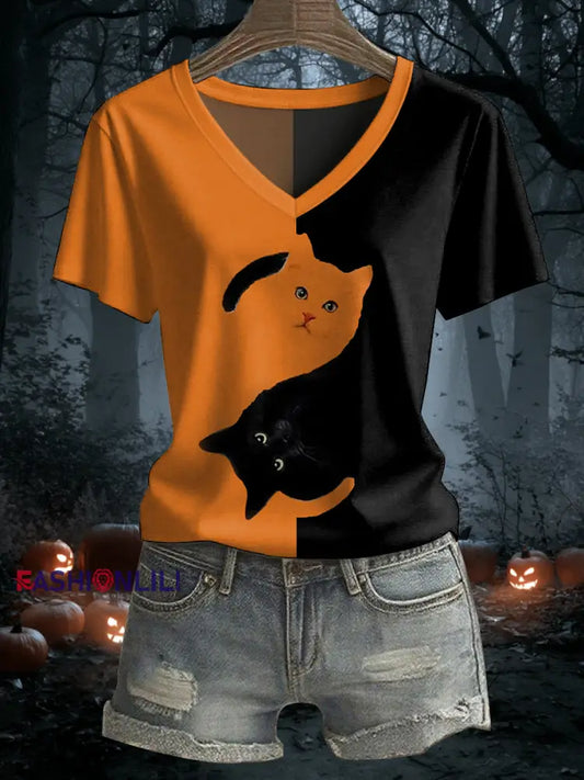 Women’s Black Cat Print Casual V-Neck Tee Pumpkin Orange / S