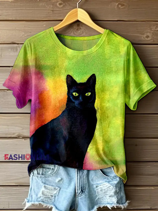 Women’s Black Cat Print Contrast Color T-Shirt As picture / S