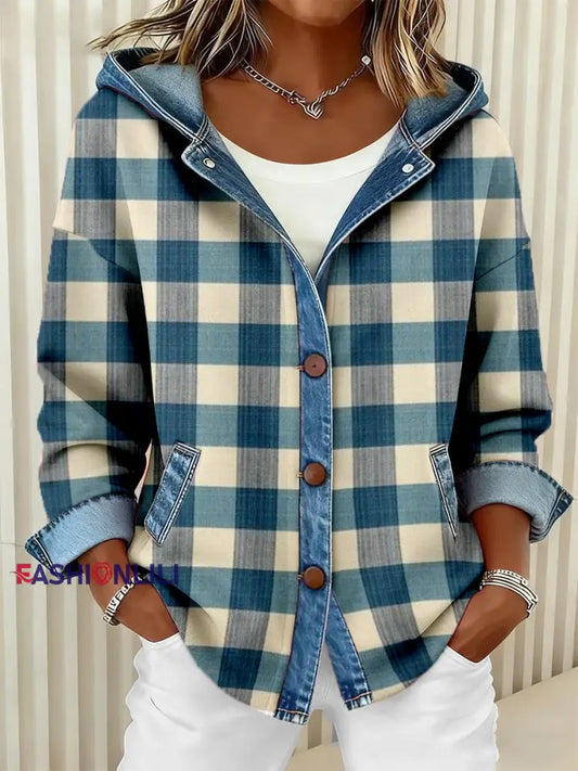Women’s Blue Plaid Pattern Patchwork Art Hooded Cardigan As picture / S