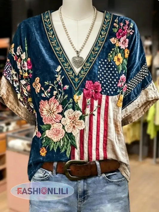 Women’s Boho American Flag Flower Embroidered V-Neck Cotton Top - As picture / S