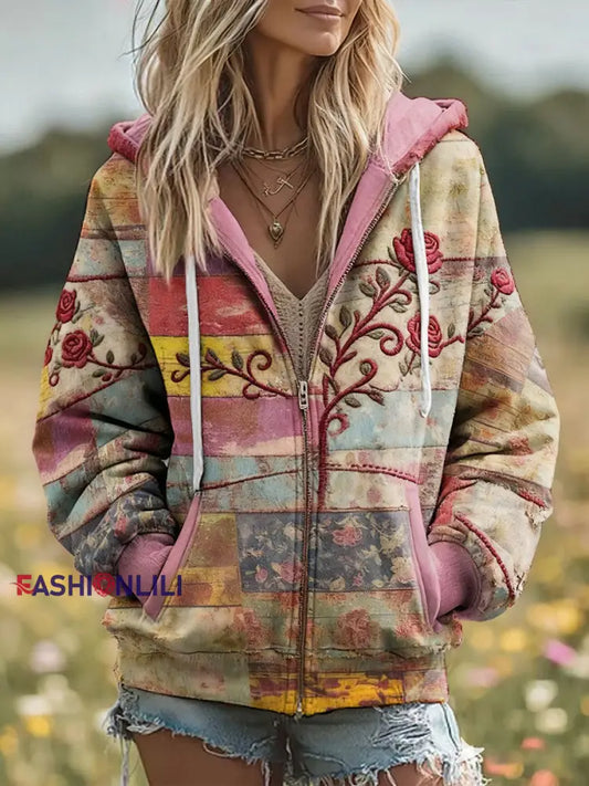Women’s Boho Breast Cancer Awareness Floral Art Printed Coat As picture / S