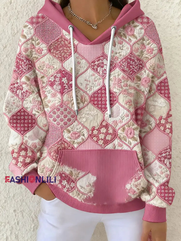 Women’s Boho Breast Cancer Awareness Floral Art Printed Hoodie Pink / S