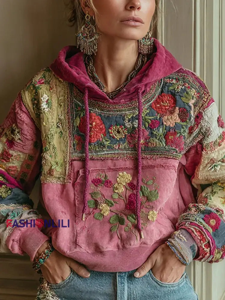 Women’s botanical floral print Drawstring Hoodie Pink / S