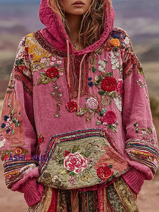 Women’s botanical floral print hoodie Pink / S