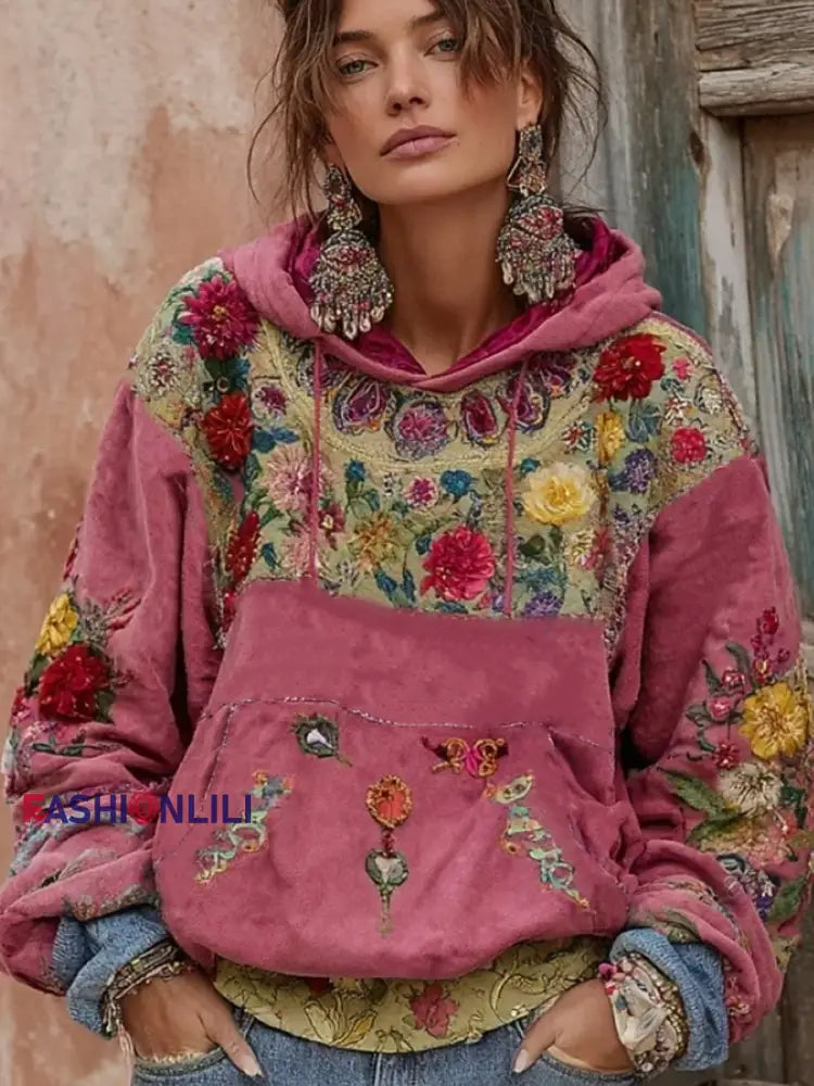 Women’s botanical floral print hoodie Pink / S