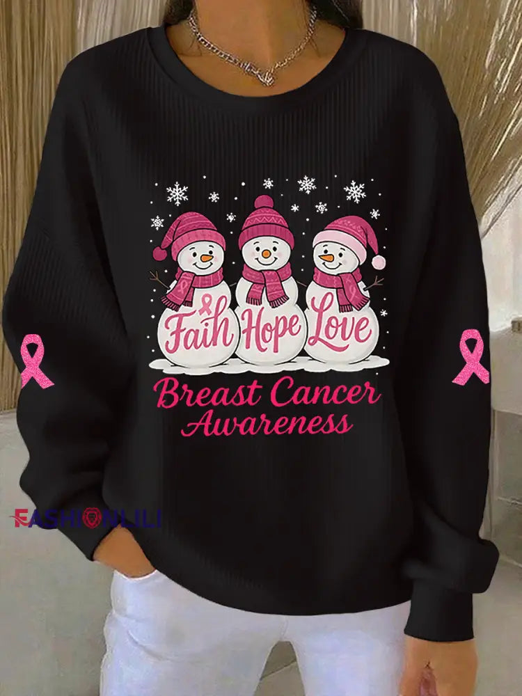 Women’s Breast Cancer Awareness Christmas Snowman Pink Ribbon Ribbed Round-Neck Sweatshirt Black / S