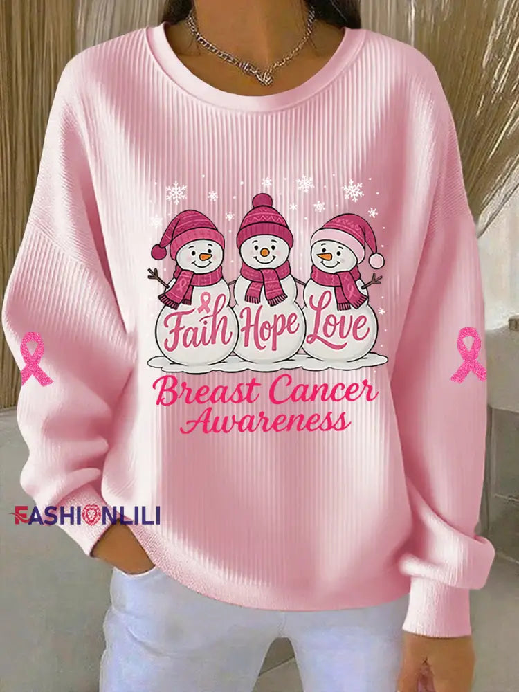 Women’s Breast Cancer Awareness Christmas Snowman Pink Ribbon Ribbed Round-Neck Sweatshirt Pink / S