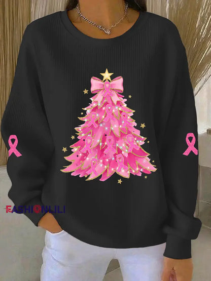 Women’s Breast Cancer Awareness Christmas Tree Pink ribbon Ribbed Round-Neck Sweatshirt Black / S