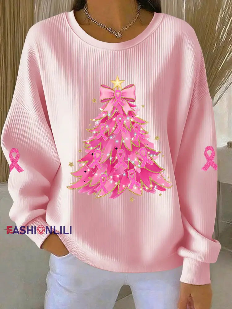 Women’s Breast Cancer Awareness Christmas Tree Pink ribbon Ribbed Round-Neck Sweatshirt Pink / S