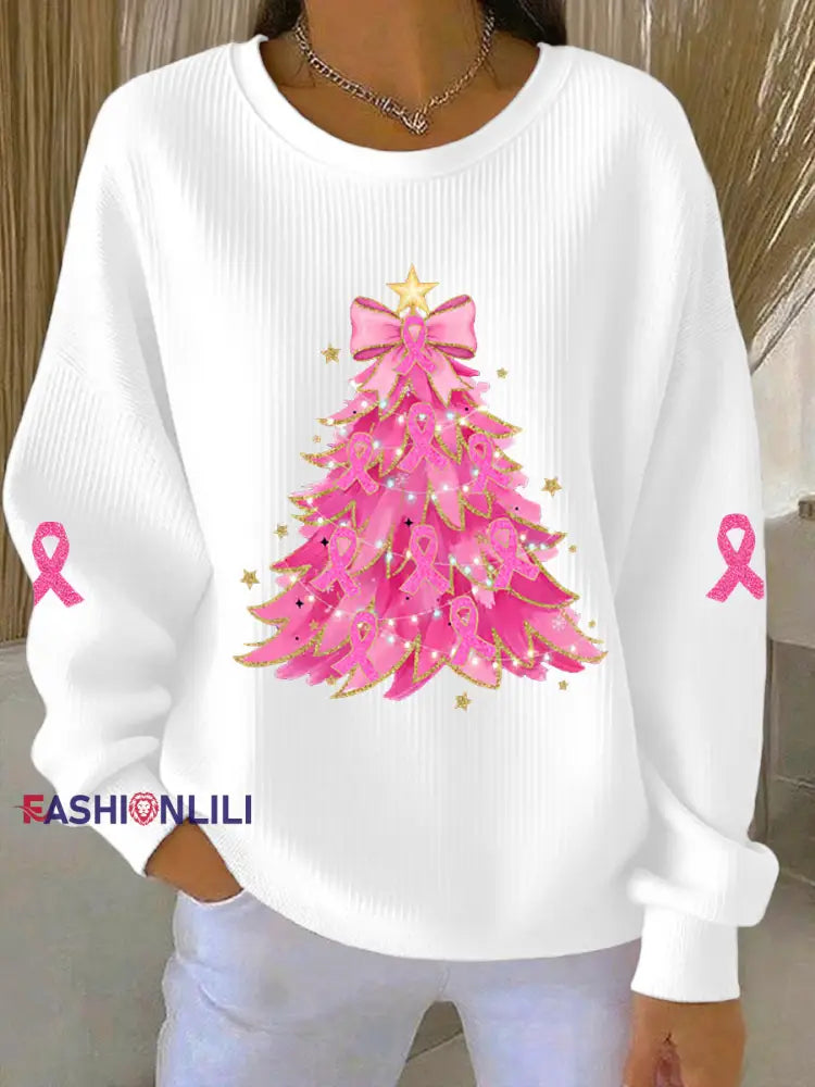 Women’s Breast Cancer Awareness Christmas Tree Pink ribbon Ribbed Round-Neck Sweatshirt White / S