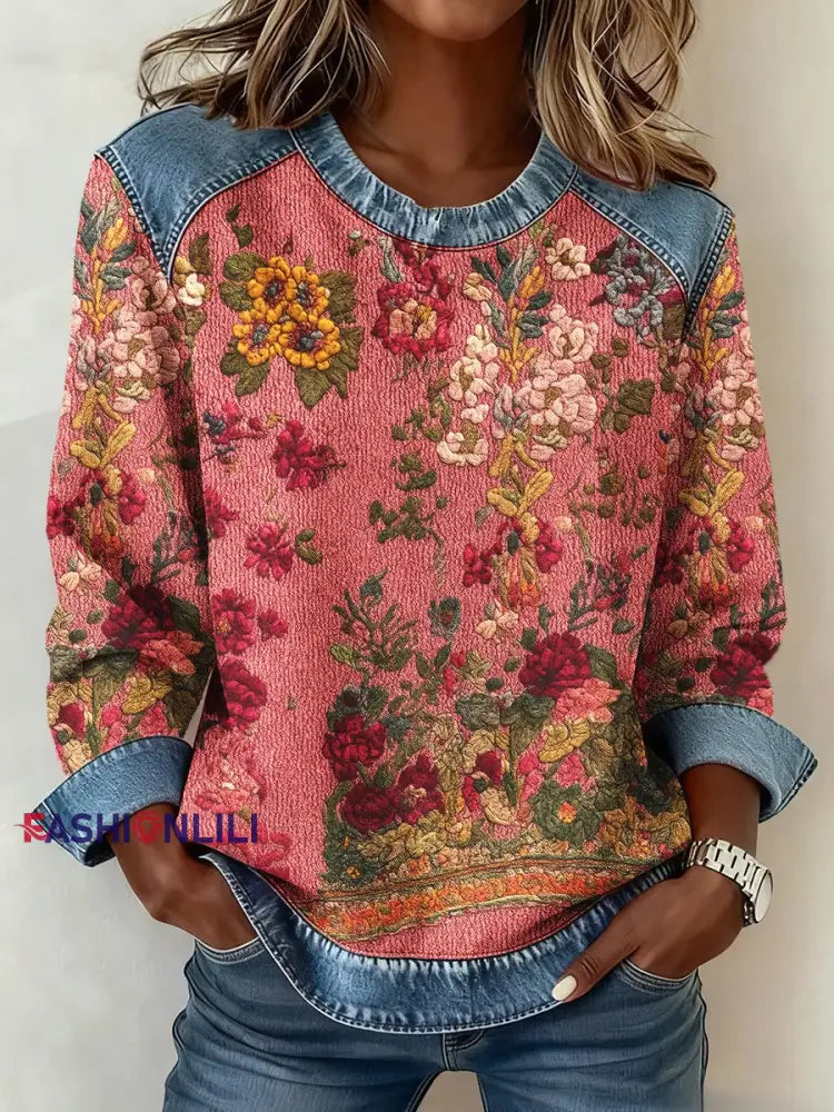 Women’s Breast Cancer Awareness Floral 3D Print Denim Sweatshirt Pink / S