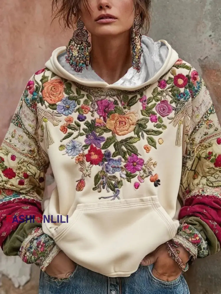 Women’s Breast Cancer Awareness Floral Art Hooded Sweatshirt Beige / S