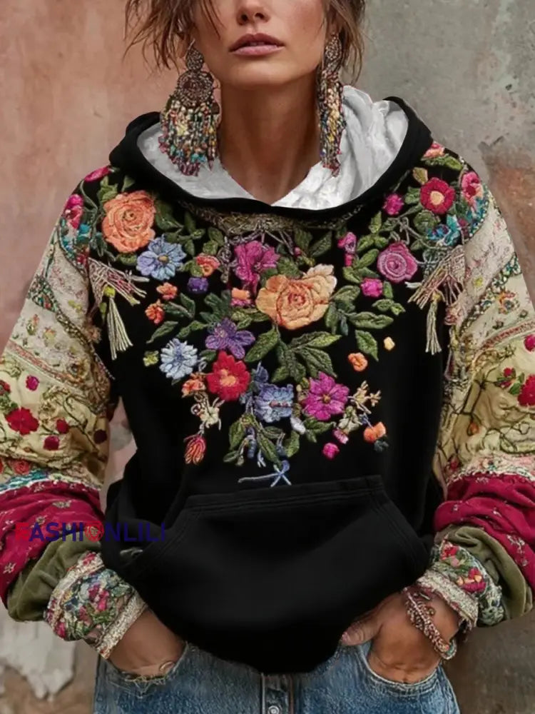 Women’s Breast Cancer Awareness Floral Art Hooded Sweatshirt Black / S