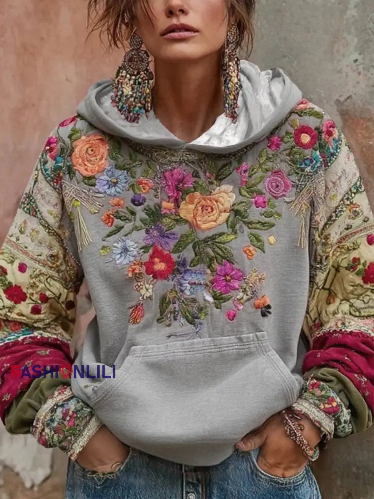 Women’s Breast Cancer Awareness Floral Art Hooded Sweatshirt Light Gray / S