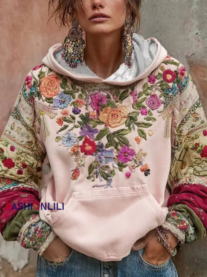 Women’s Breast Cancer Awareness Floral Art Hooded Sweatshirt Light Pink / S