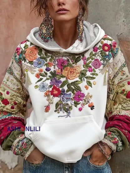 Women’s Breast Cancer Awareness Floral Art Hooded Sweatshirt White / S