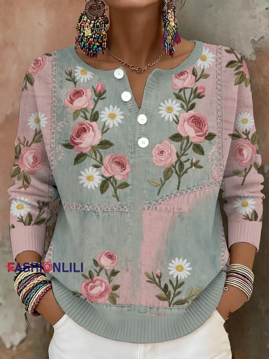 Women’s Breast Cancer Awareness Floral Art Printed Tops As picture / S