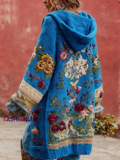 Women’s Breast Cancer Awareness Floral Button Cardigan Hooded Sweater Blue / S