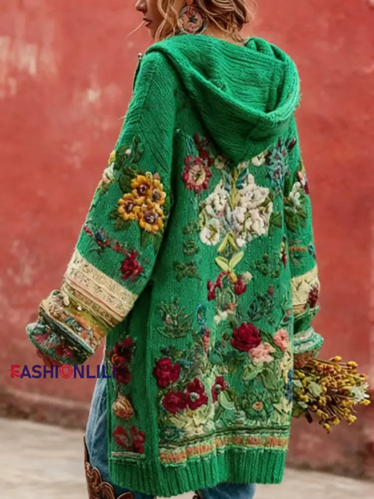 Women’s Breast Cancer Awareness Floral Button Cardigan Hooded Sweater Green / S