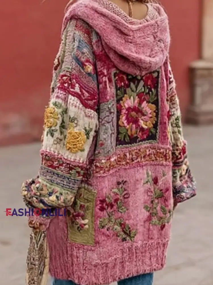 Women’s Breast Cancer Awareness Floral Button Cardigan Hooded Sweater Pink / S