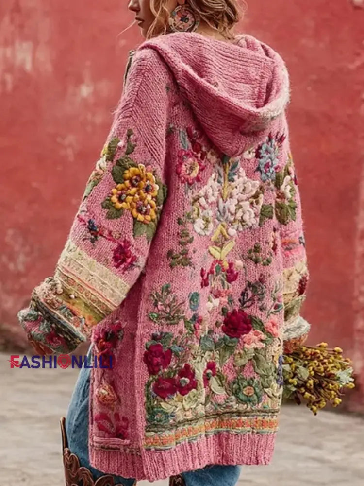 Women’s Breast Cancer Awareness Floral Button Cardigan Hooded Sweater Pink / S