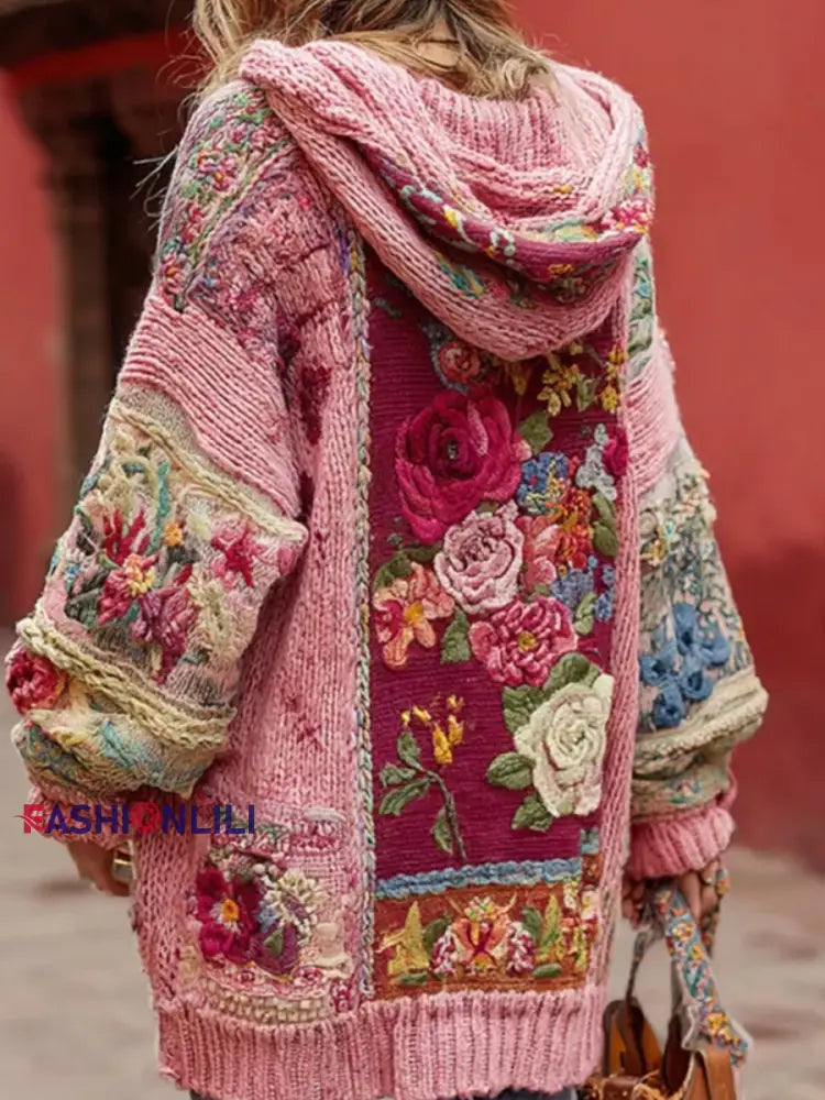 Women’s Breast Cancer Awareness Floral Button Cardigan Hooded Sweater Pink / S