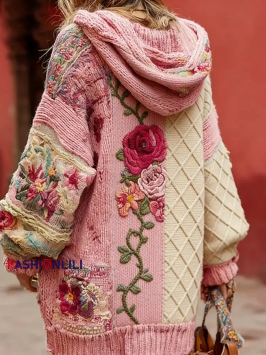 Women’s Breast Cancer Awareness Floral Button Cardigan Hooded Sweater Pink / S