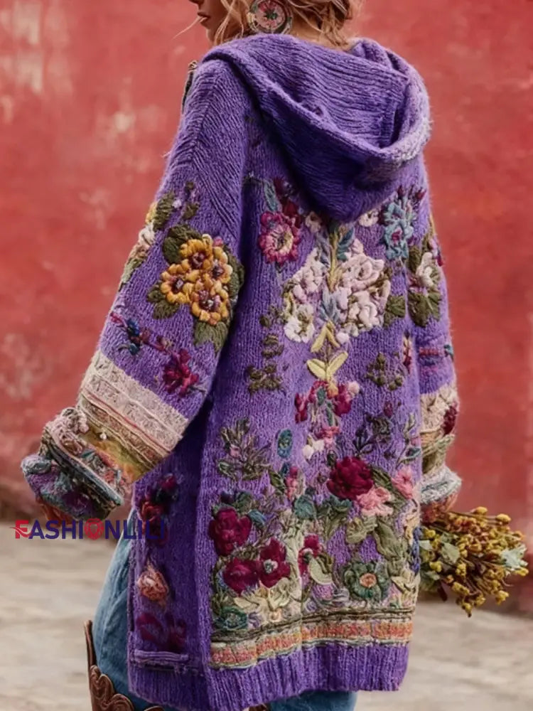 Women’s Breast Cancer Awareness Floral Button Cardigan Hooded Sweater Purple / S