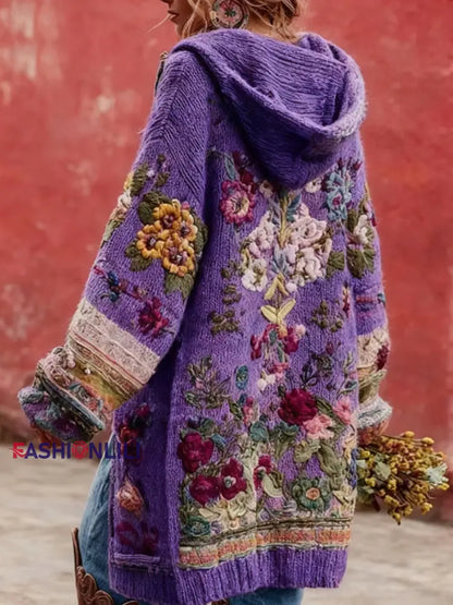 Women’s Breast Cancer Awareness Floral Button Cardigan Hooded Sweater Purple / S