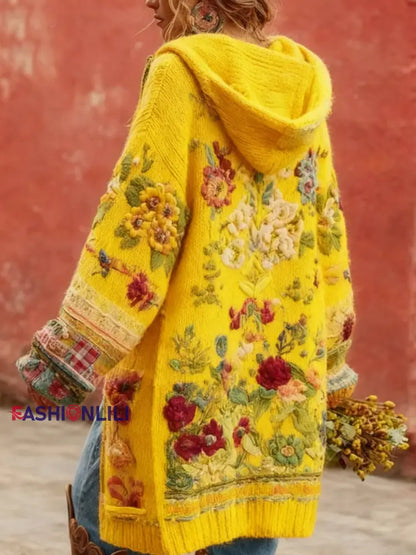 Women’s Breast Cancer Awareness Floral Button Cardigan Hooded Sweater Yellow / S