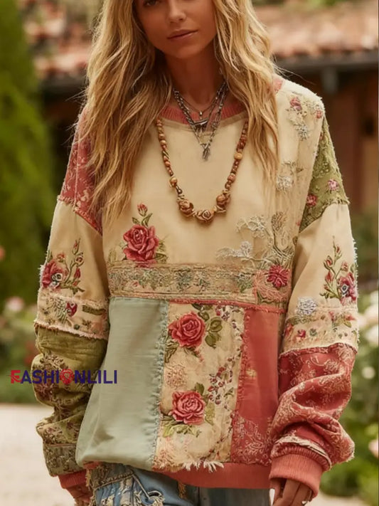 Women’s Breast Cancer Awareness Floral Patchwork Crew Neck Sweatshirt Pink / S