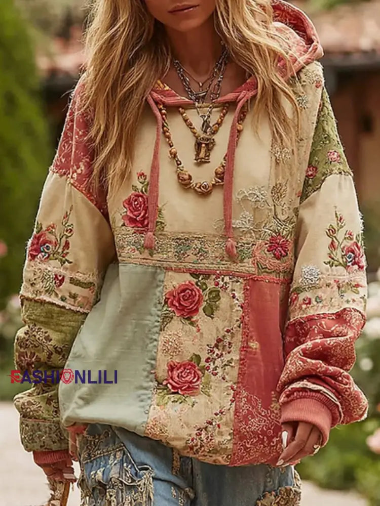 Women’s Breast Cancer Awareness Floral Patchwork Hoodie Pink / S