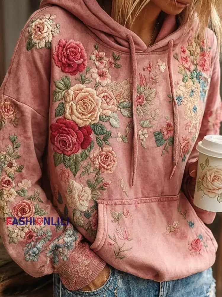 Women’s Breast Cancer Awareness Floral Patchwork Hoodie Pink / S